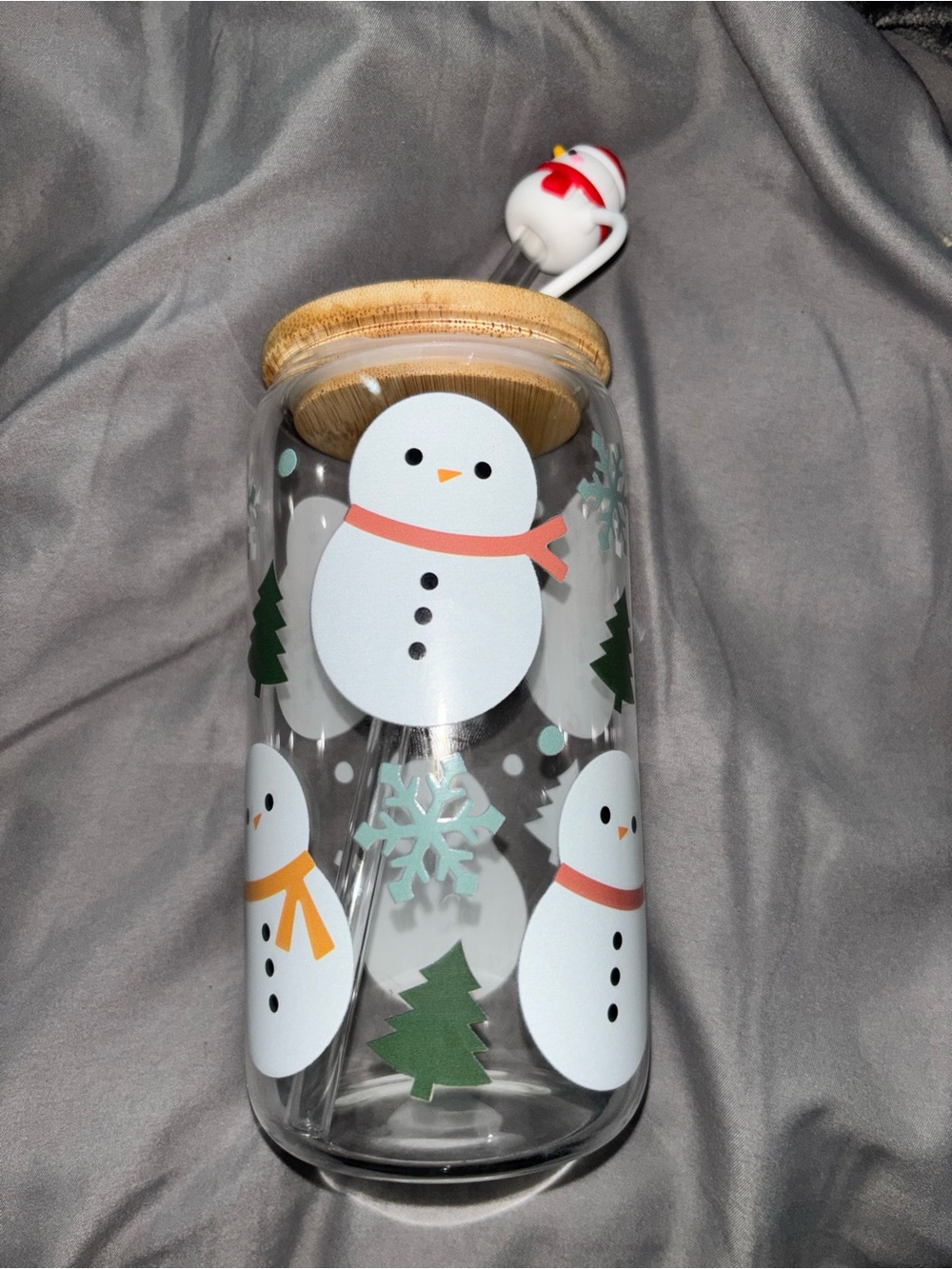 Holiday Snowman Glass Water Bottle with Bamboo Lid